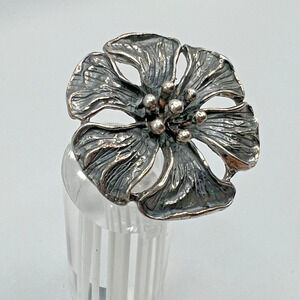 Sterling Silver Large Flower Floral Ring - Size 7
